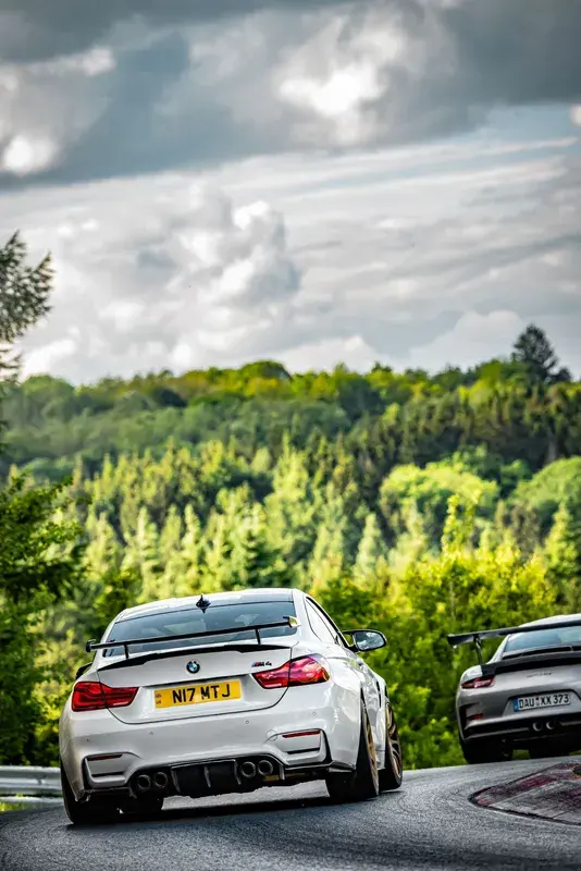 BMW M3 parked overlooking woodland